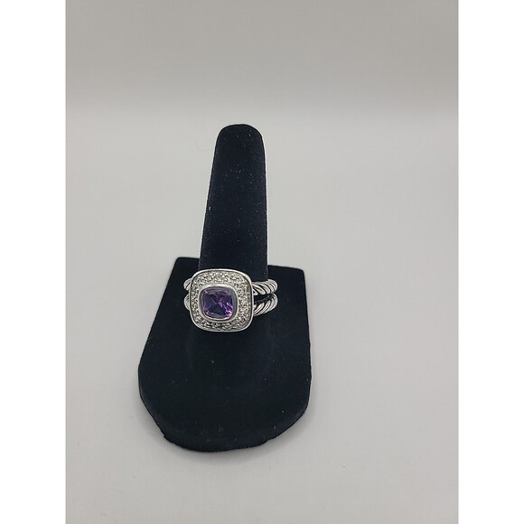 Vintage Silver Tone Purple Stone Halo Ring Rope Band Cushion Cut SZ 7 - Picture 8 of 11